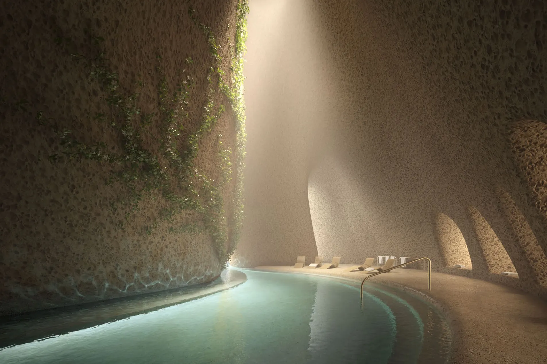 Cave-like underground pool lit by a shaft of daylight, vines on stone walls