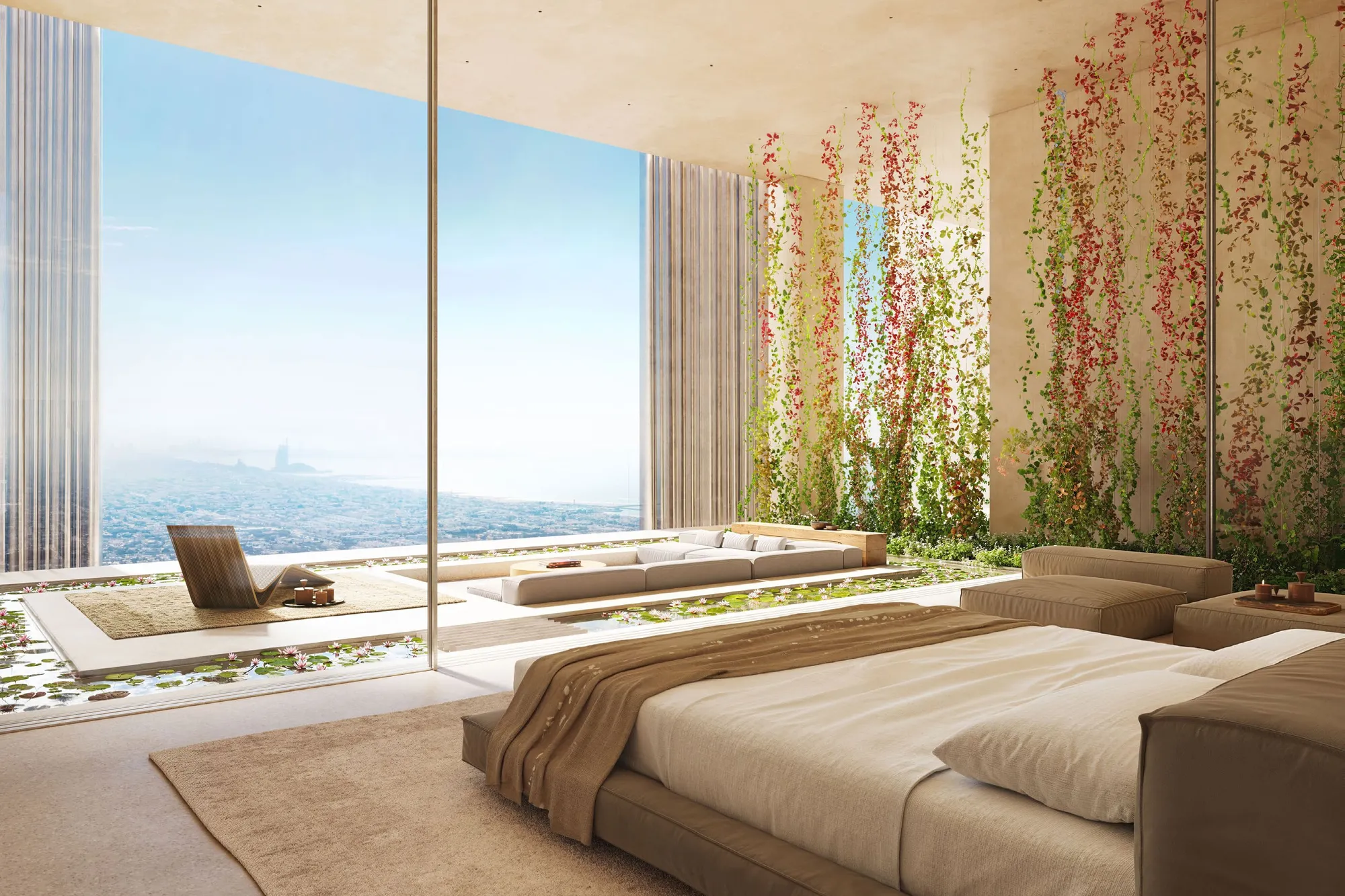 Bedroom opening onto a garden terrace with lily pond and sea view