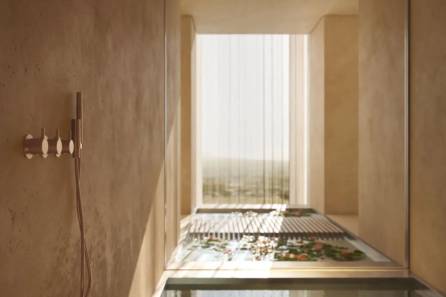 Stone bathroom with plunge bath and tall window over a lily pond